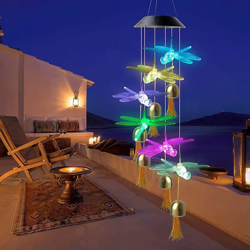 Solar Dragonfly Wind Chime with Color-Changing LED Lights and Bells Outdoor Decor