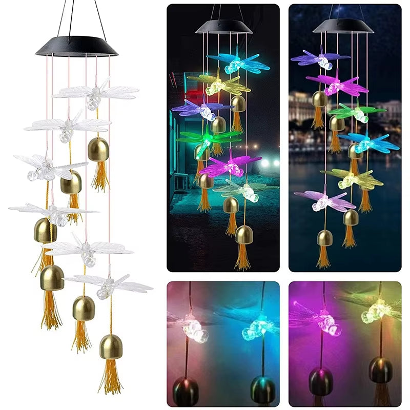 Solar Dragonfly Wind Chime with Color-Changing LEDs and Brass Bells for Outdoor Decor