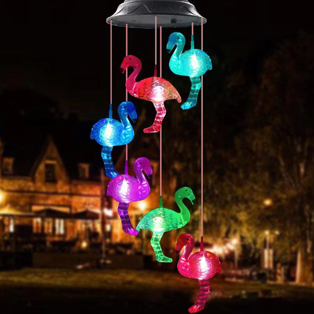 Color-changing LED Flamingo Wind Chime Mobile for vibrant outdoor decor