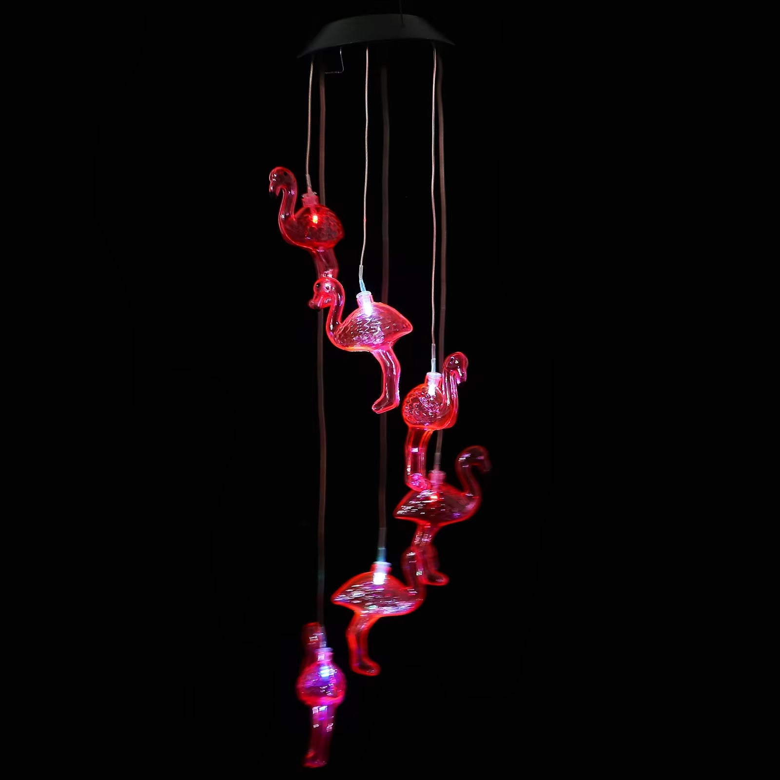 Pink Flamingo Wind Chime Mobile with Dangling Birds for Solar Outdoor Decor