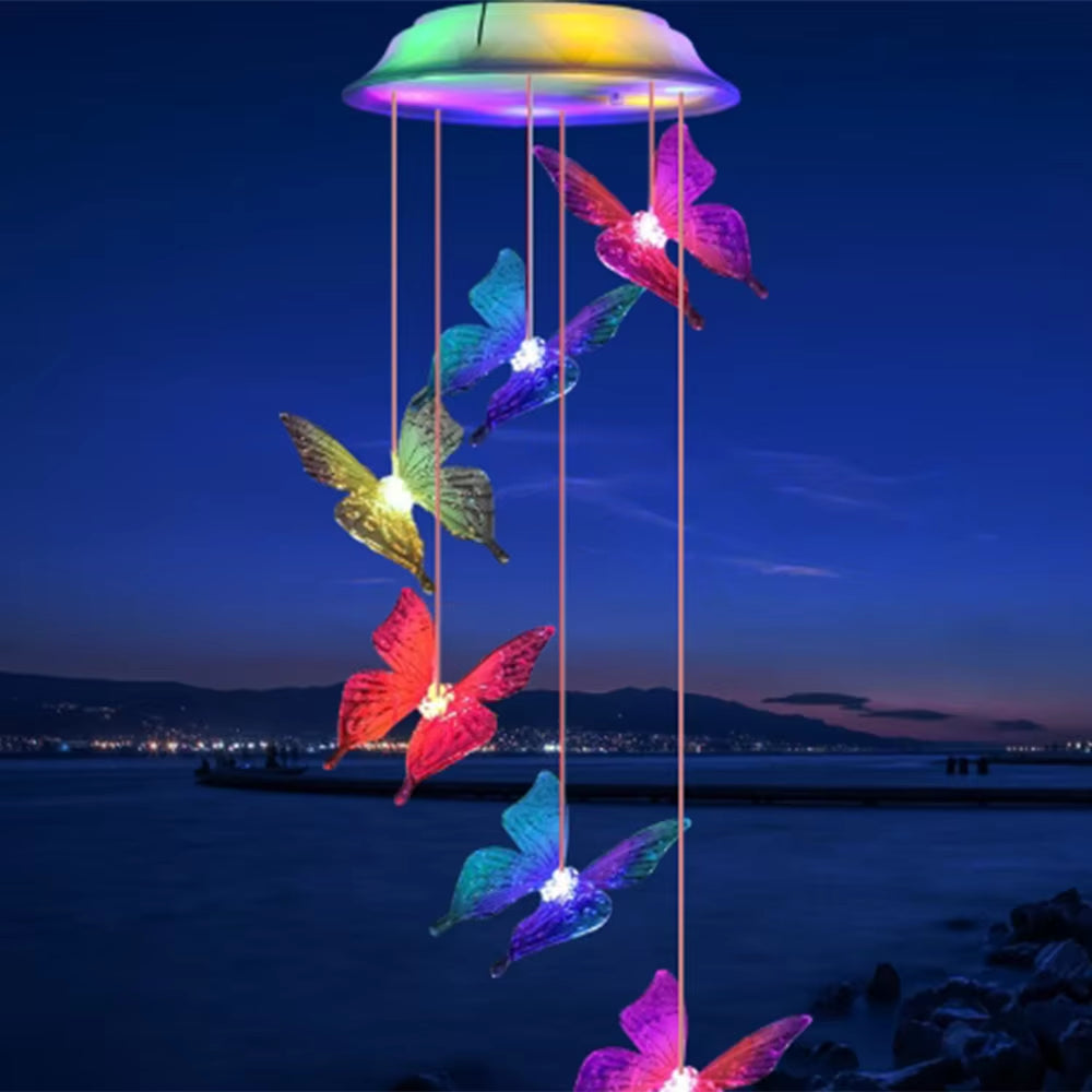 Solar Hummingbird Wind Chime Light with color-changing LED butterflies for outdoor decor