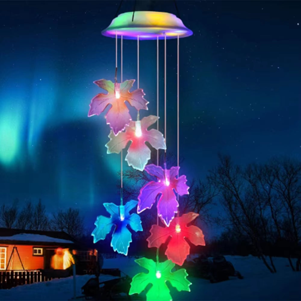 Color-changing LED maple leaf wind chime with glowing leaves for outdoor decor