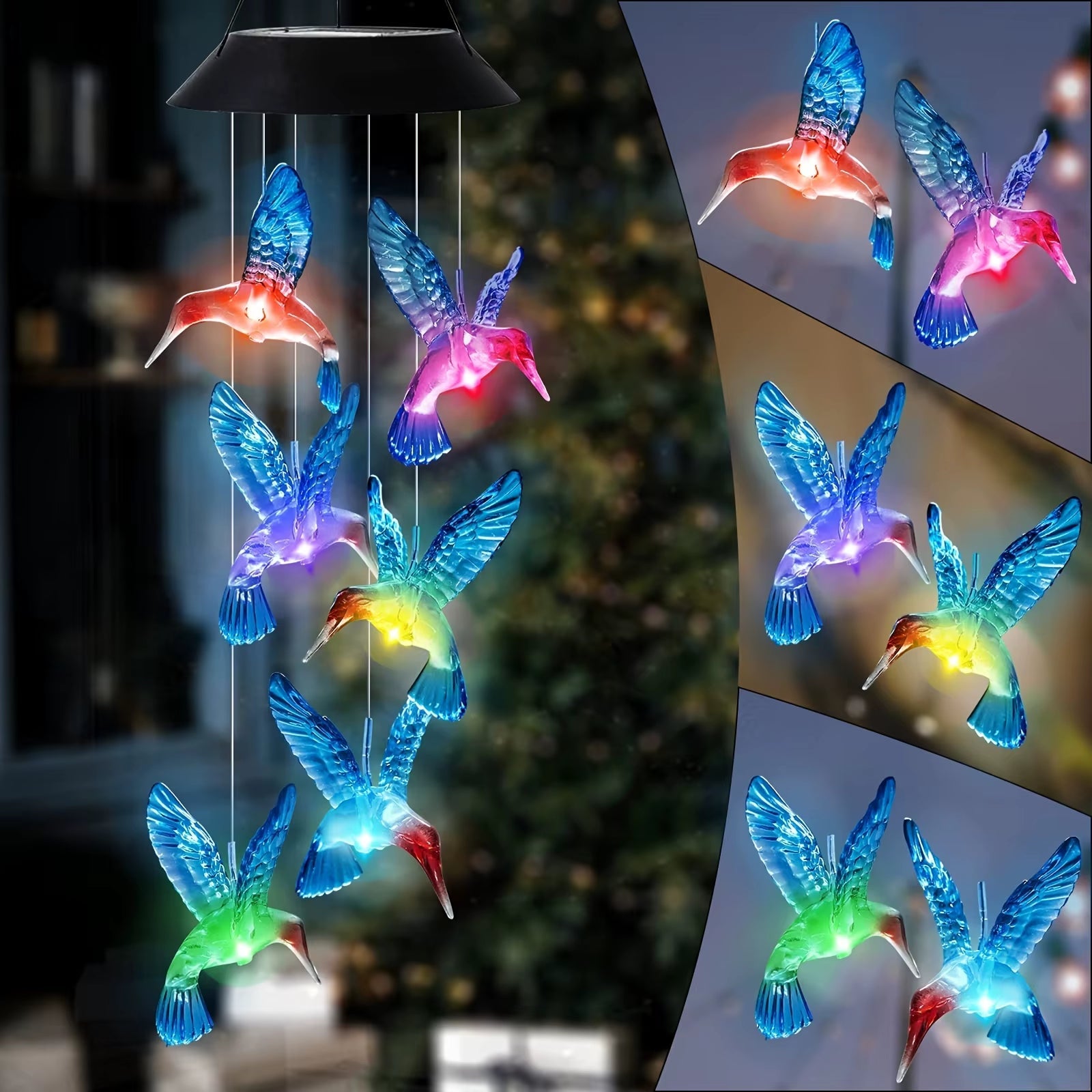 Solar Hummingbird Wind Chime Light with color-changing LED hummingbirds for outdoor decor