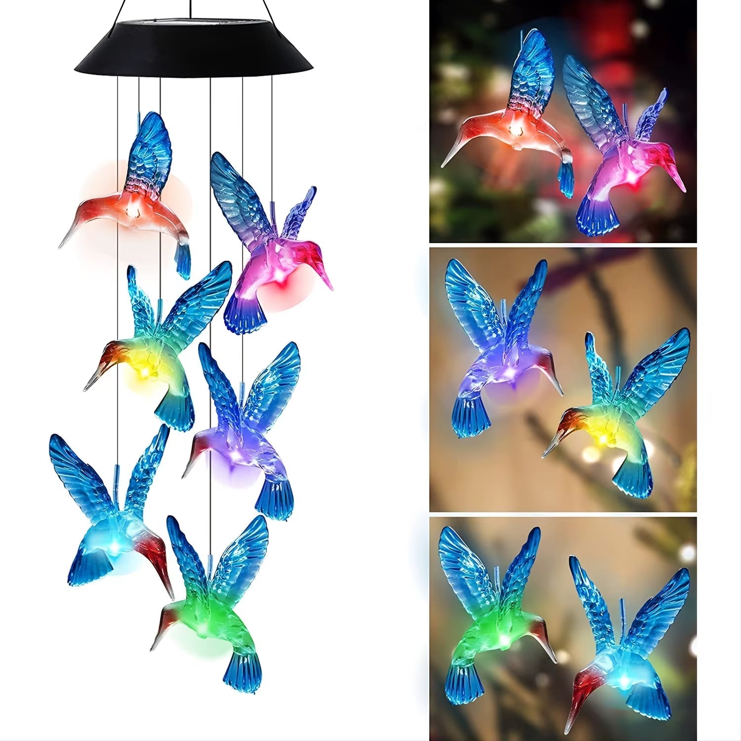 Color-changing LED Solar Hummingbird Wind Chime Light in blue, pink, and green hues