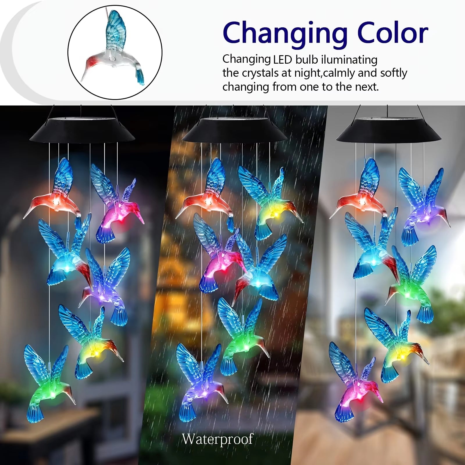 Color-changing LED Hummingbird Wind Chime Light with glowing butterflies for outdoor decor