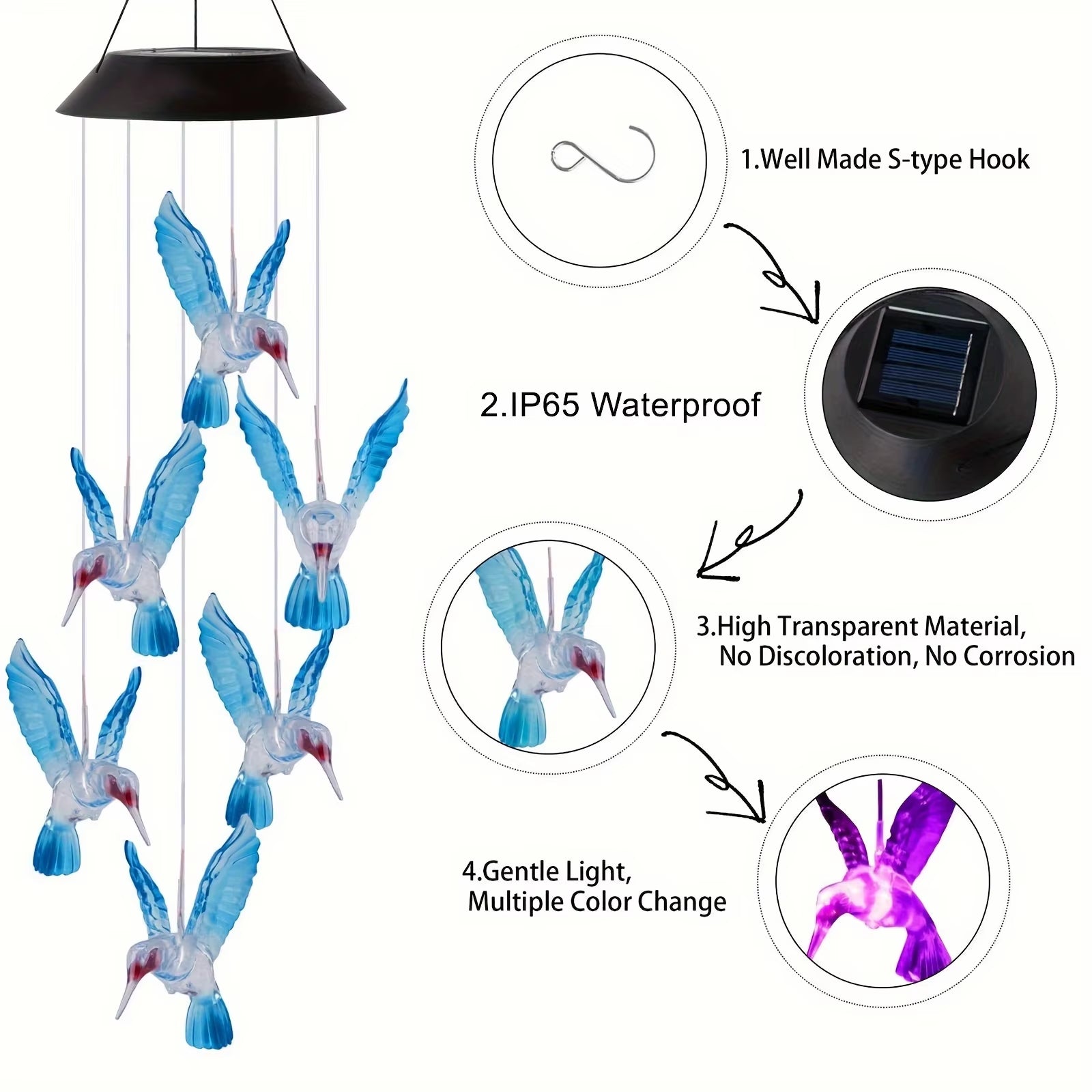 Solar Hummingbird Wind Chime Light with color-changing decorations for outdoor decor