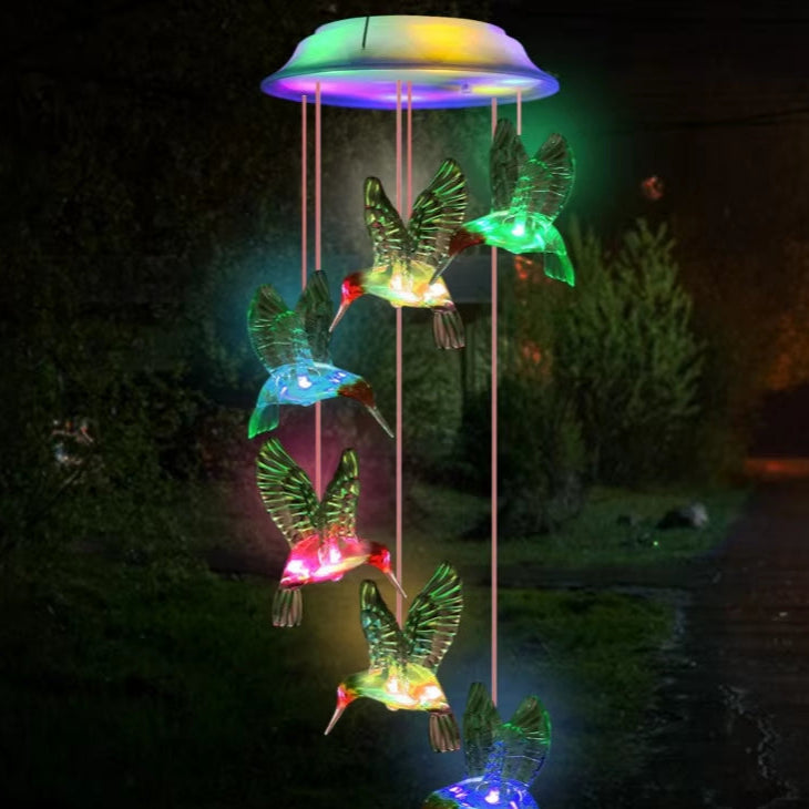 Color-changing LED wind chime with hummingbirds for Solar Hummingbird Garden Decor