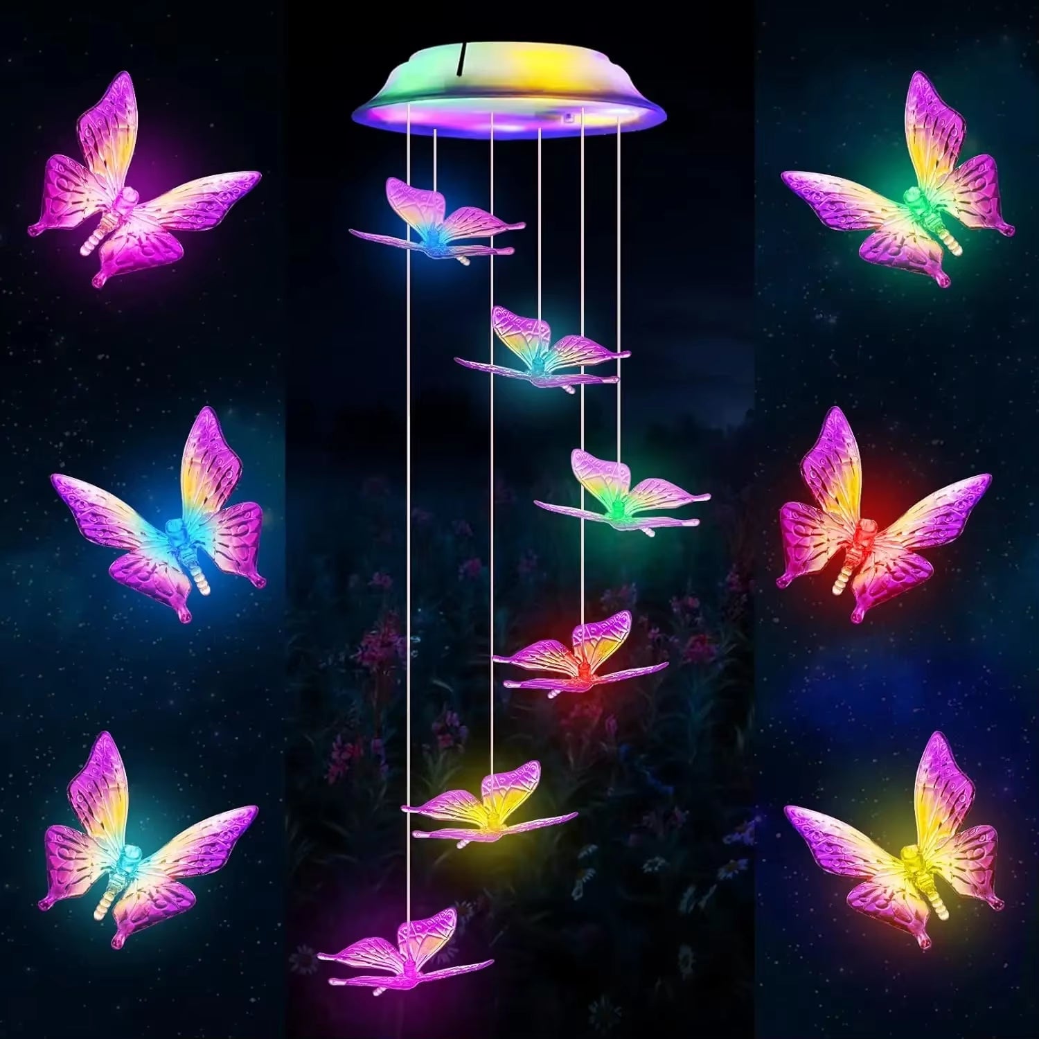 Color-changing LED Butterfly Wind Chime with glowing butterflies for garden decor