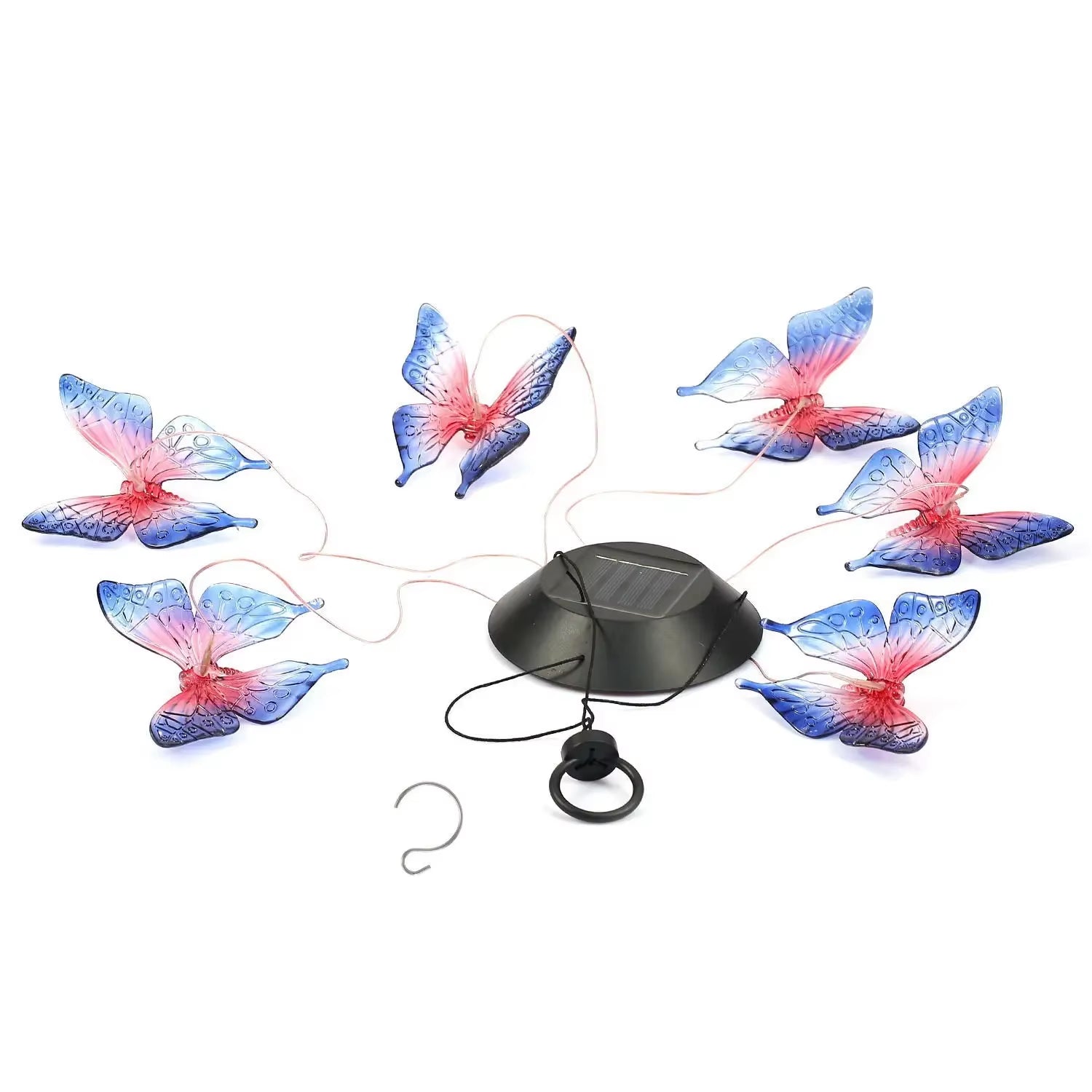 Solar LED Butterfly Wind Chimes featuring six red and blue butterfly ornaments in a circle