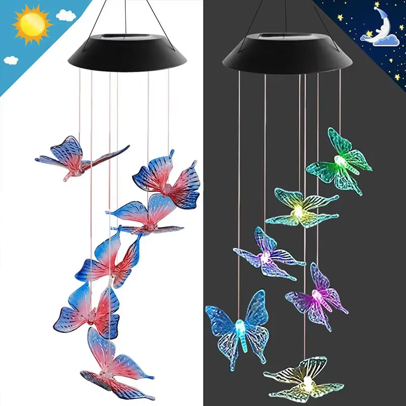 Solar LED Butterfly Wind Chimes with color-changing lights for beautiful garden decor