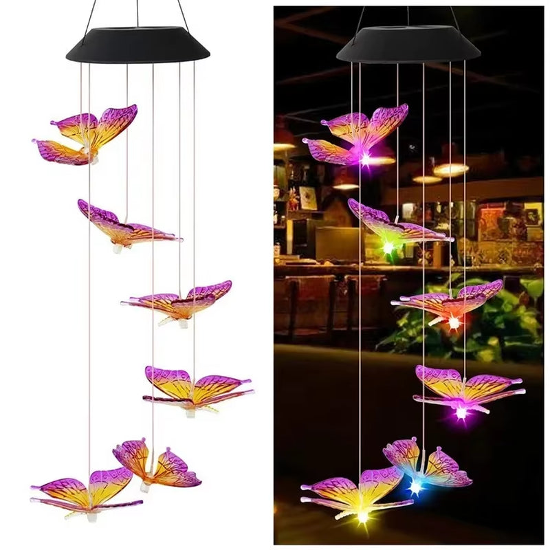 Solar LED Butterfly Wind Chimes with color-changing butterflies for garden decor