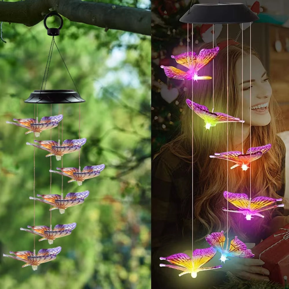 Solar LED Butterfly Wind Chimes with color-changing lights for garden decor