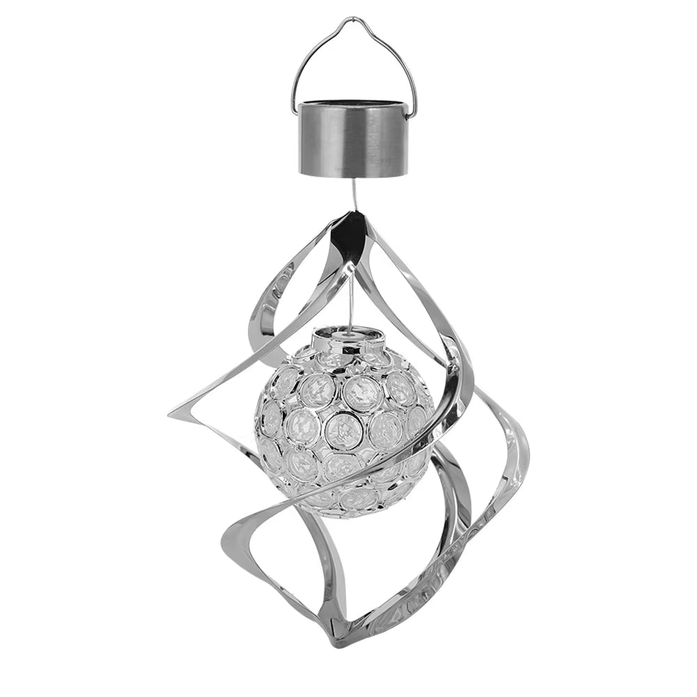 Solar-powered metallic spiral wind spinner with crystal ball in Solar LED Color-Changing Wind Chimes