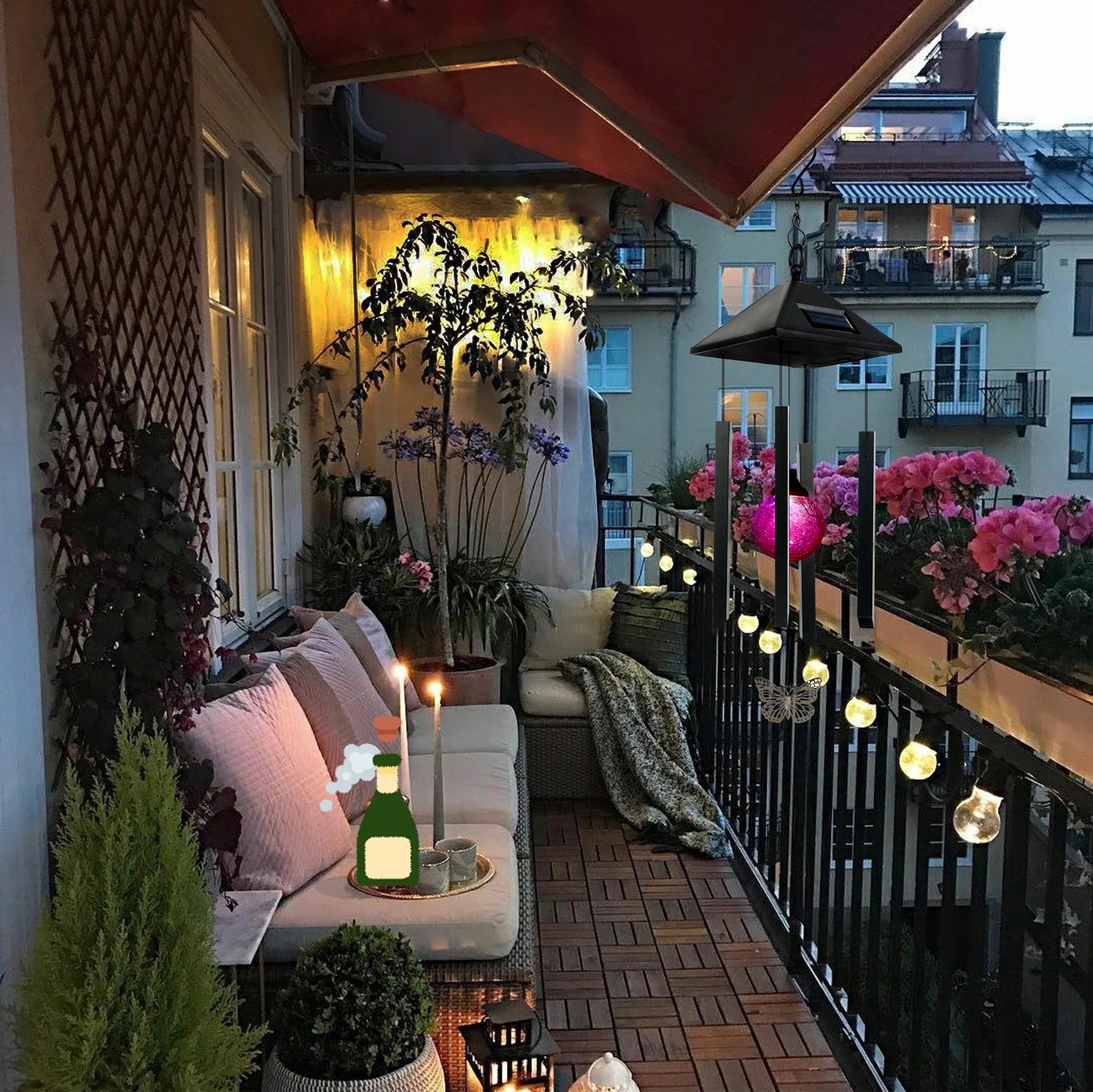 Cozy balcony with string lights, cushions, and plants showcasing Solar LED Wind Chimes