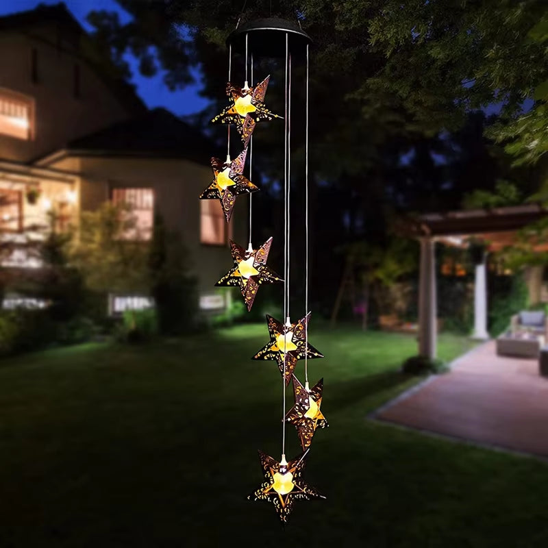 Solar-powered star-shaped wind chime with LED lights for garden decor