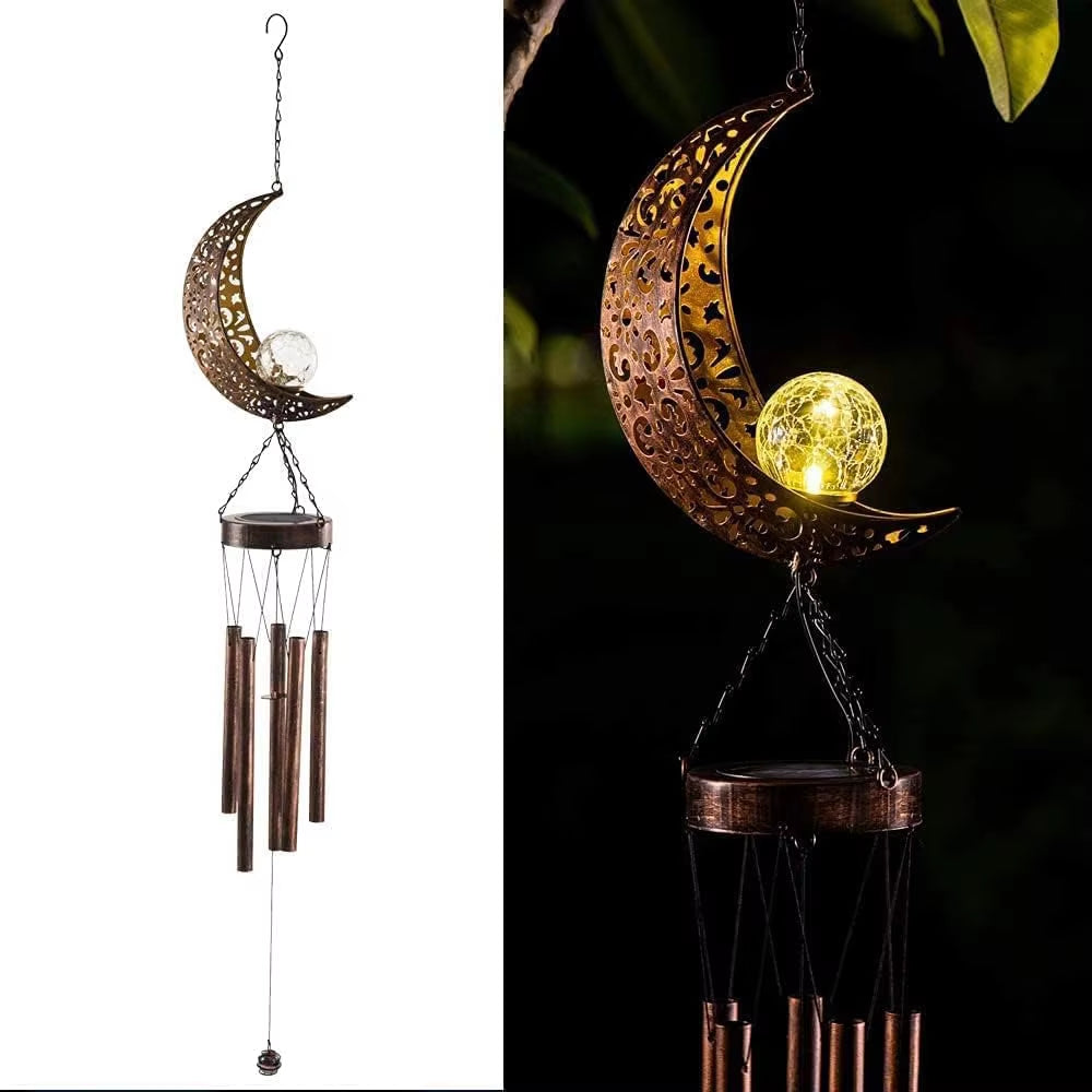 Decorative Solar Moon Wind Chime with glowing orb and metal tubes for outdoor decor