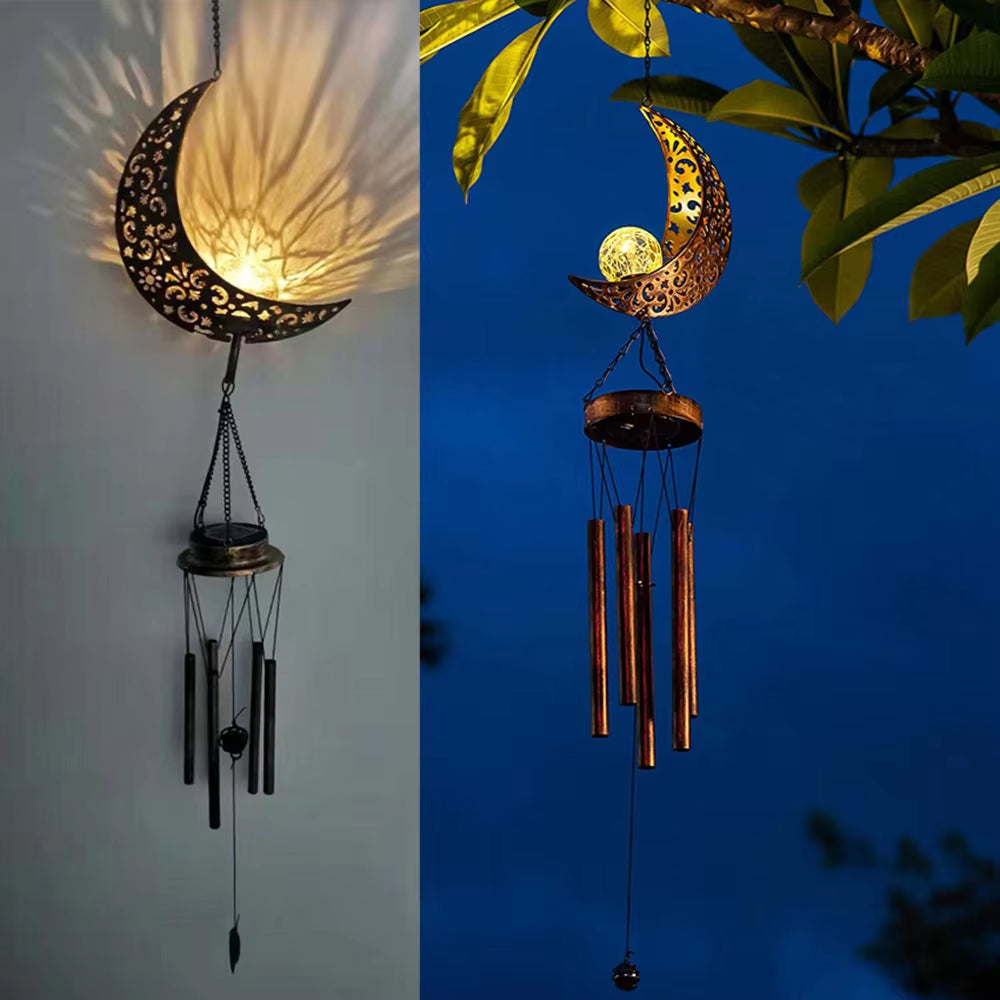 Illuminated crescent moon wind chime with metal tubes for outdoor lighting decor