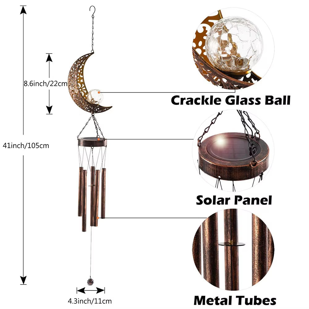 Moon-shaped Solar Wind Chime with Copper Tubes and Crackle Glass Ball Accent