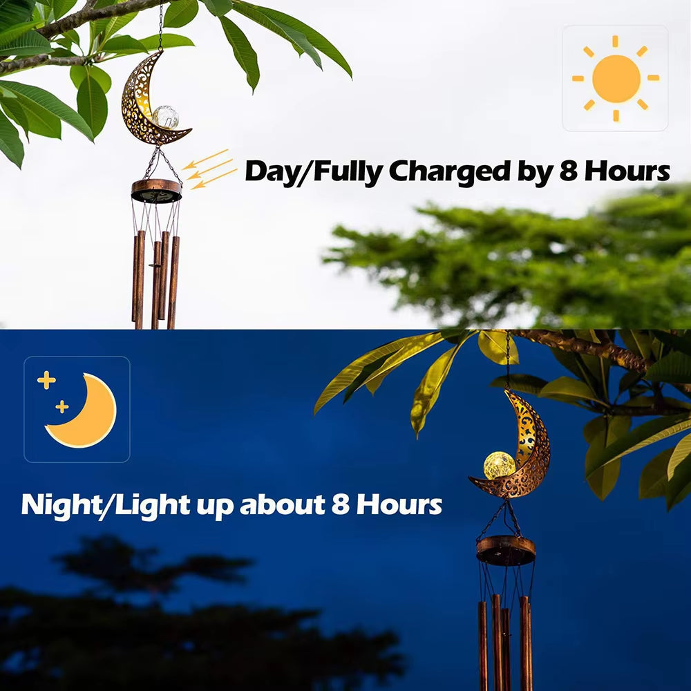 Solar-powered moon-shaped wind chime with metallic tubes for outdoor lighting