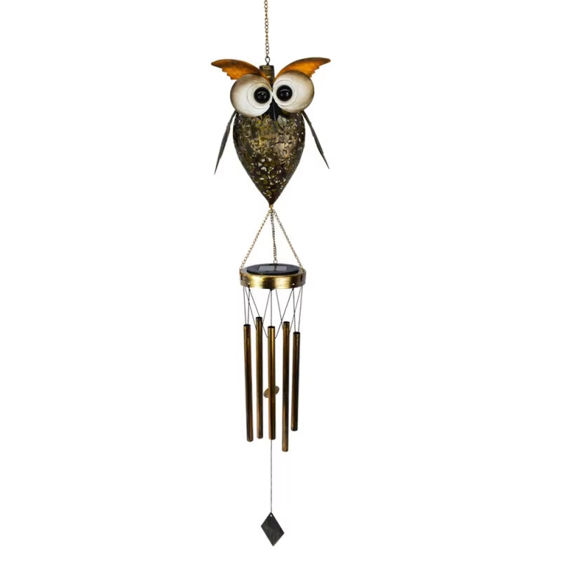 Decorative Solar Owl Wind Chime with LED Light and Googly Eyes, Metal Tubes