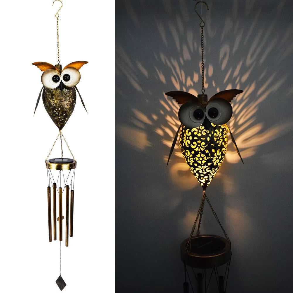 Decorative Metal Owl Wind Chime with Solar-Powered LED Light and Hanging Chimes