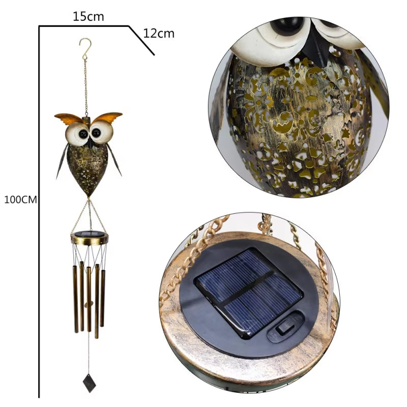 Owl-shaped solar-powered wind chime featuring metallic tubes and LED light design