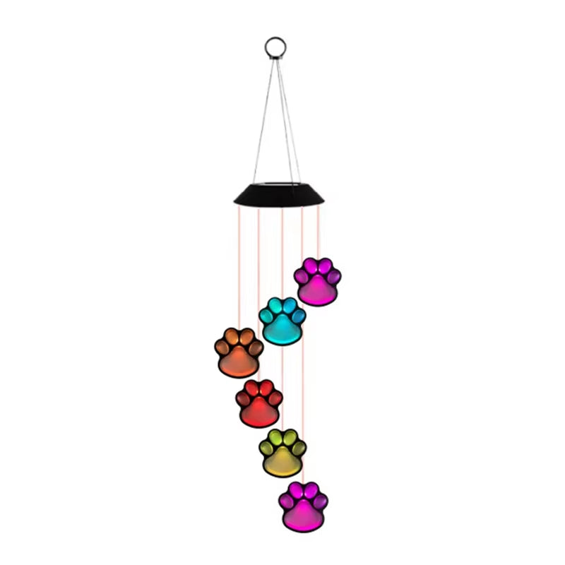 Hanging Solar Pet Pawprint Wind Chimes featuring colorful paw print decorations