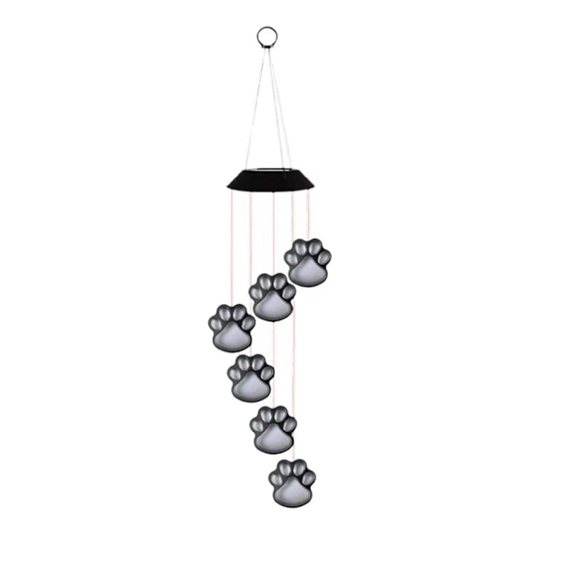 Solar Pet Pawprint Wind Chimes featuring dangling paw print decorations and LED lights