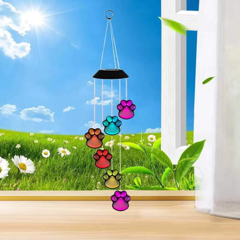 Colorful Solar Pet Pawprint Wind Chimes with LED Waterproof Light on Top