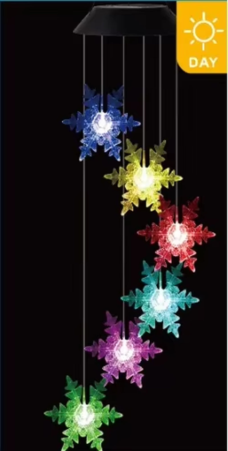 Color-changing LED Snowflake Wind Chime with illuminated crystal-like snowflakes