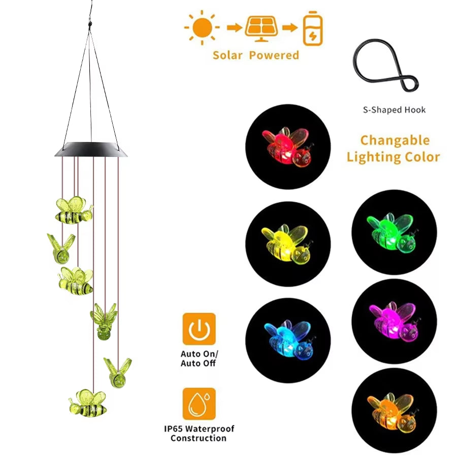 Solar-powered color-changing hummingbird wind chime with LED lights for outdoor decor