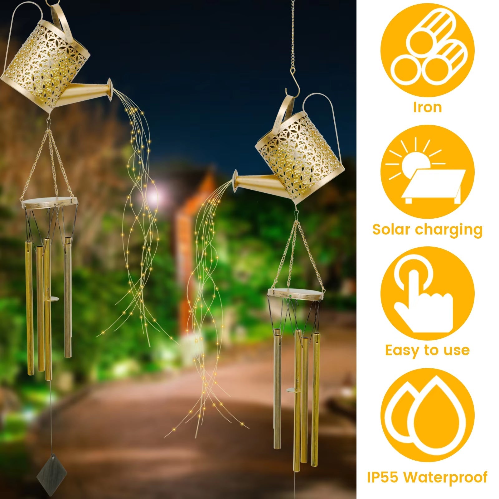 Solar Water Can Wind Chimes with LED Lights and decorative metal lantern tops