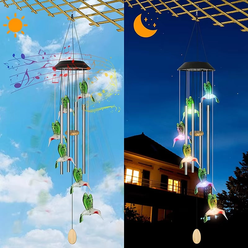 Solar Wind Chimes with Color-Changing LED Lights and glowing hummingbird decor