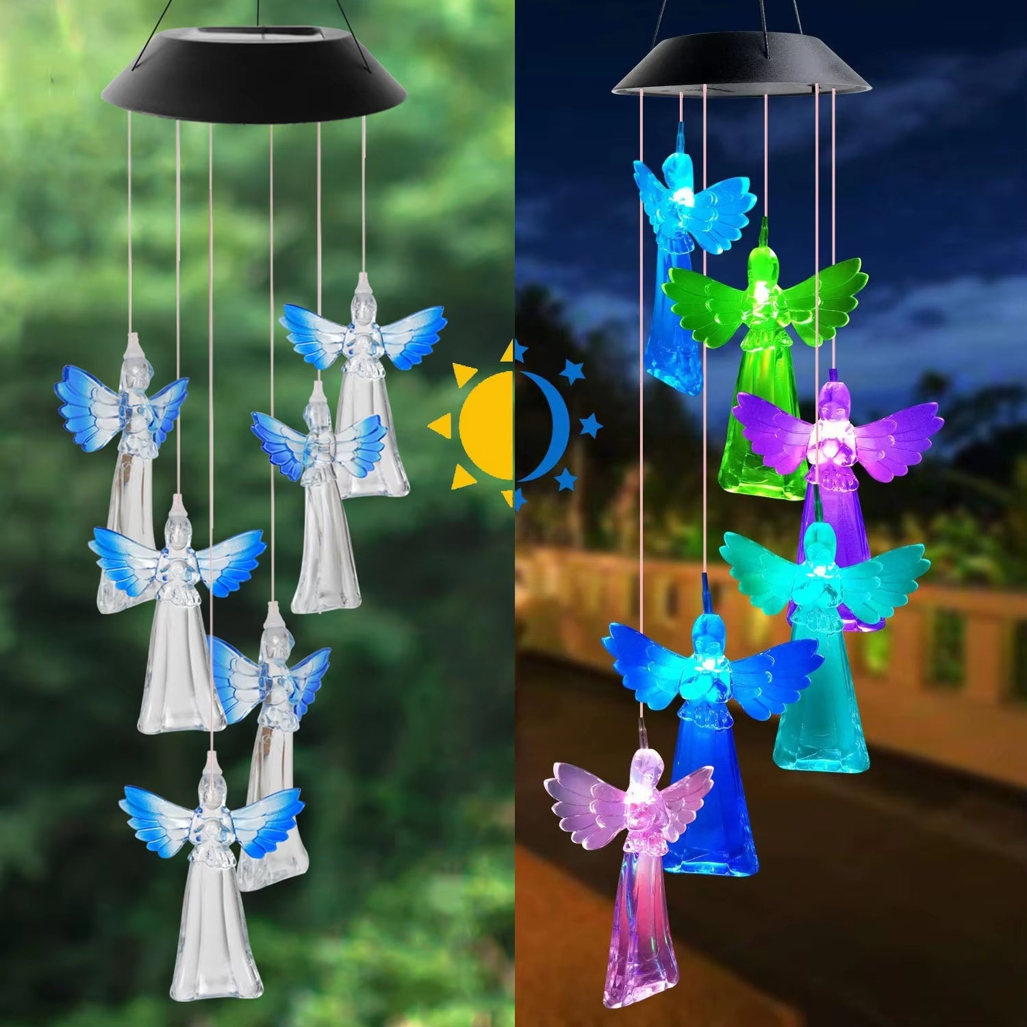 Solar-powered angel wind chimes with color-changing lights for outdoor decor