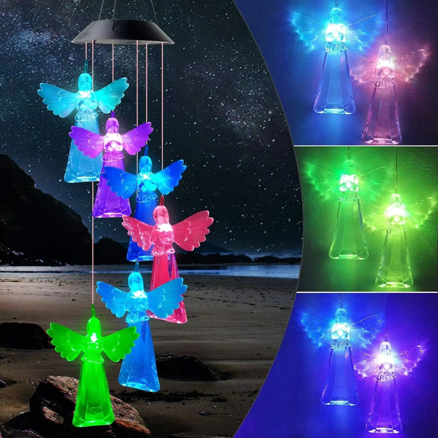 Color-changing LED angel wind chime with glowing figures, perfect gift option