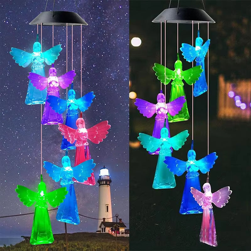 Color-changing LED angel wind chime with glowing figures, perfect gift for any occasion