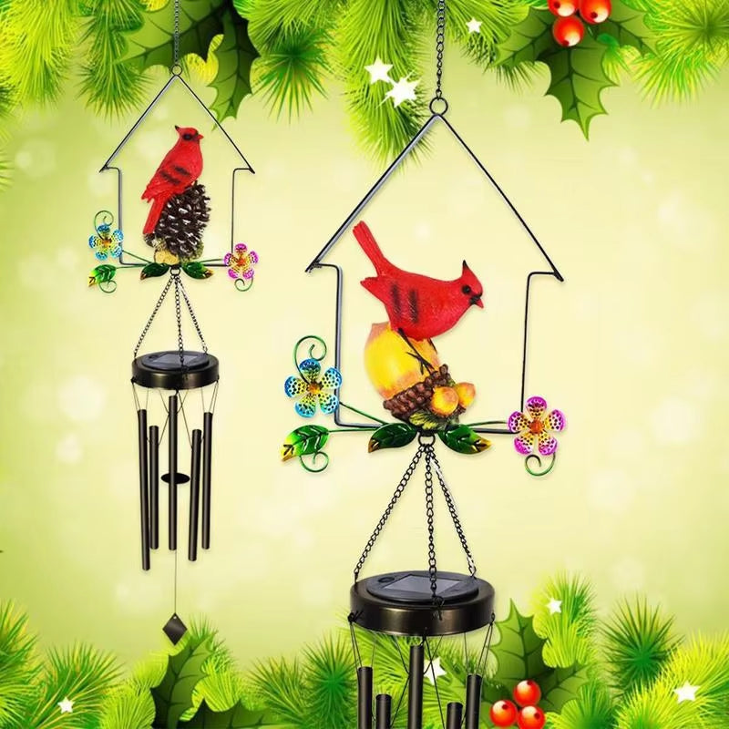 Decorative solar wind chimes with red cardinal birds and colorful floral accents