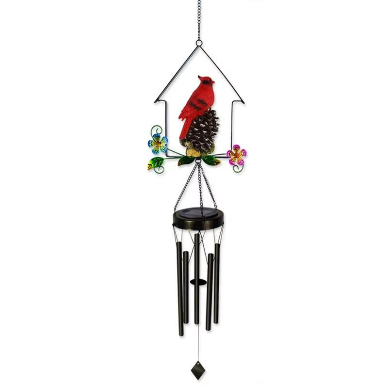 Decorative Solar Wind Chimes with Red Cardinal on Birdhouse for Garden Decor