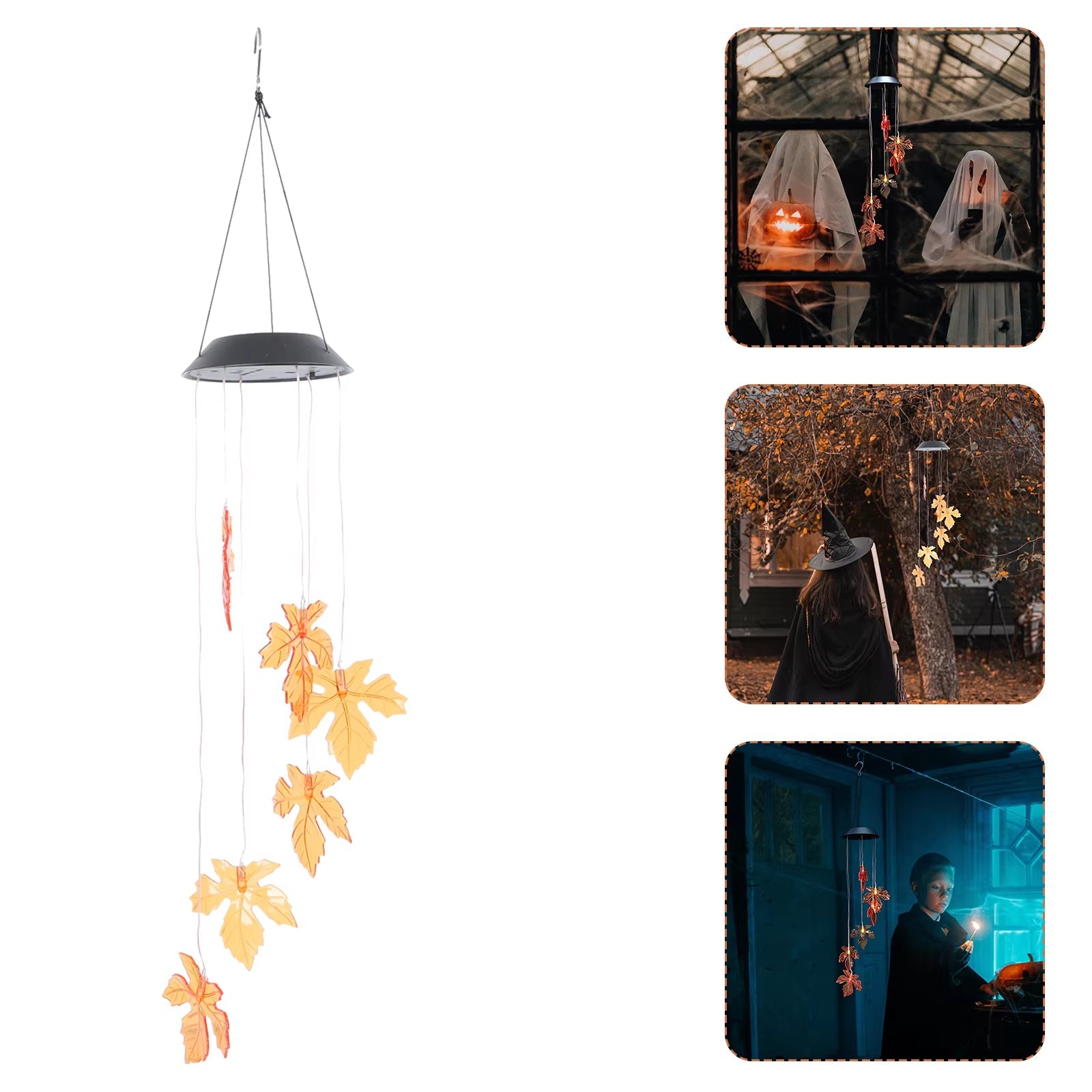 Solar Wind Chimes with Autumn Leaf Ornaments for Halloween Decor