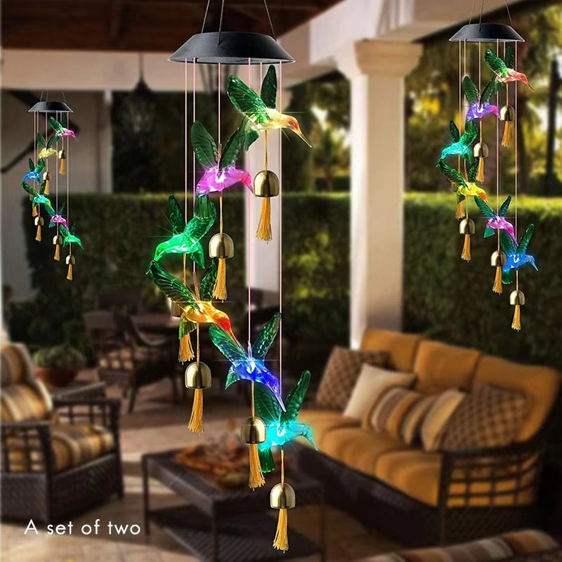 Solar Wind Chimes with LED lights and color-changing hummingbirds for garden decor