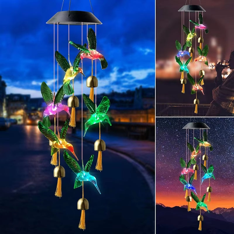 Solar Wind Chimes with LED Lights featuring illuminated hummingbirds and bells for garden decor