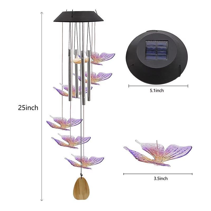 Solar-powered wind chime with purple butterfly ornaments and metal chimes for outdoor decor