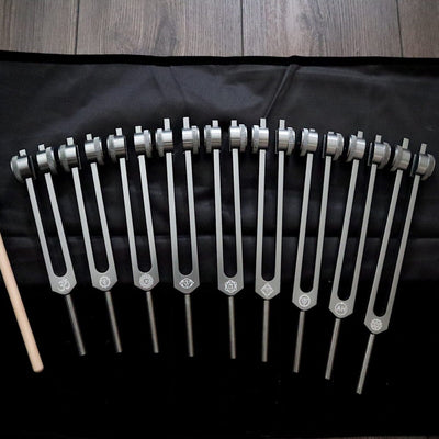 Row of Solfeggio tuning forks in a curved formation for chakra healing