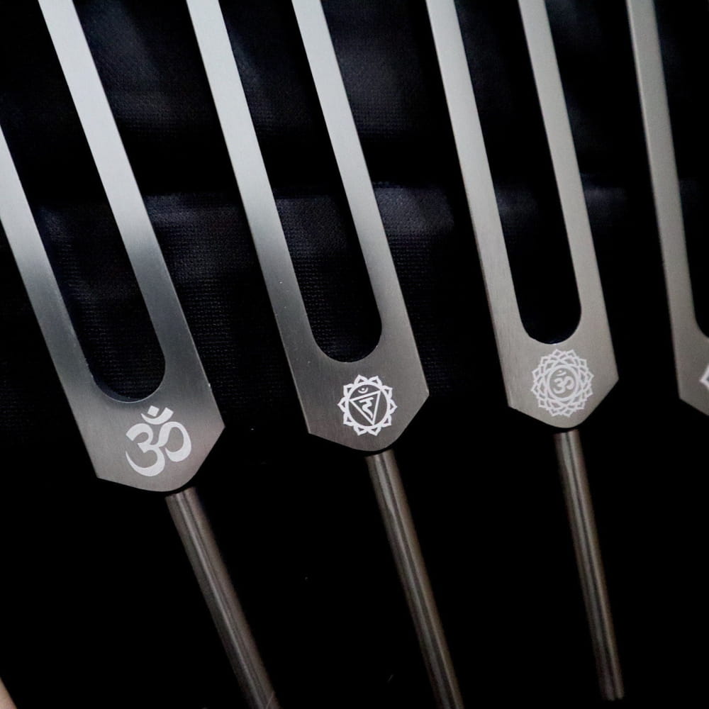 Solfeggio Tuning Fork Set with Chakra and Om symbol engravings for healing