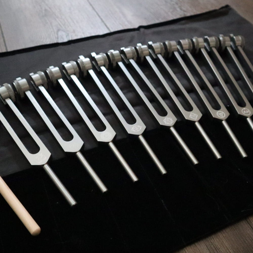 Row of Solfeggio Tuning Forks in a 9-piece Chakra Healing Set for wellness