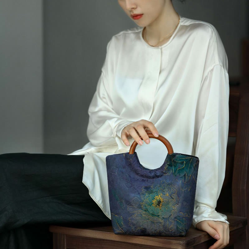 Solid Wood Handle Blue-Purple Peony Bag with Bamboo Bird Design