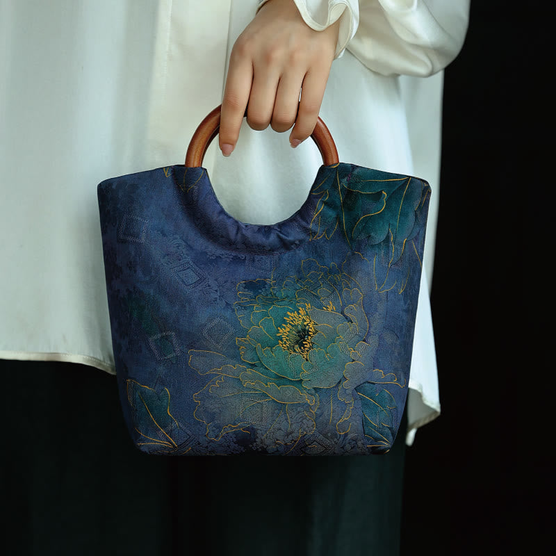 Solid Wood Handle Blue-Purple Peony Bag with Bamboo Bird Design