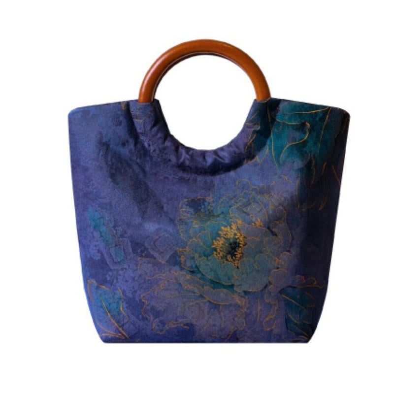 Solid Wood Handle Blue-Purple Peony Bag with Bamboo Bird Design