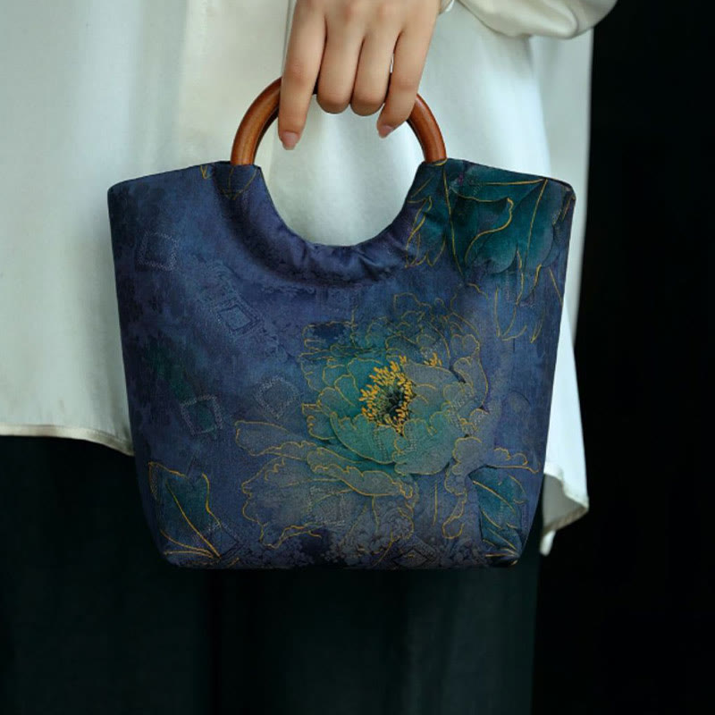 Solid Wood Handle Blue-Purple Peony Bag with Bamboo Bird Design