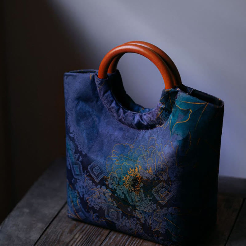 Solid Wood Handle Blue-Purple Peony Bag with Bamboo Bird Design